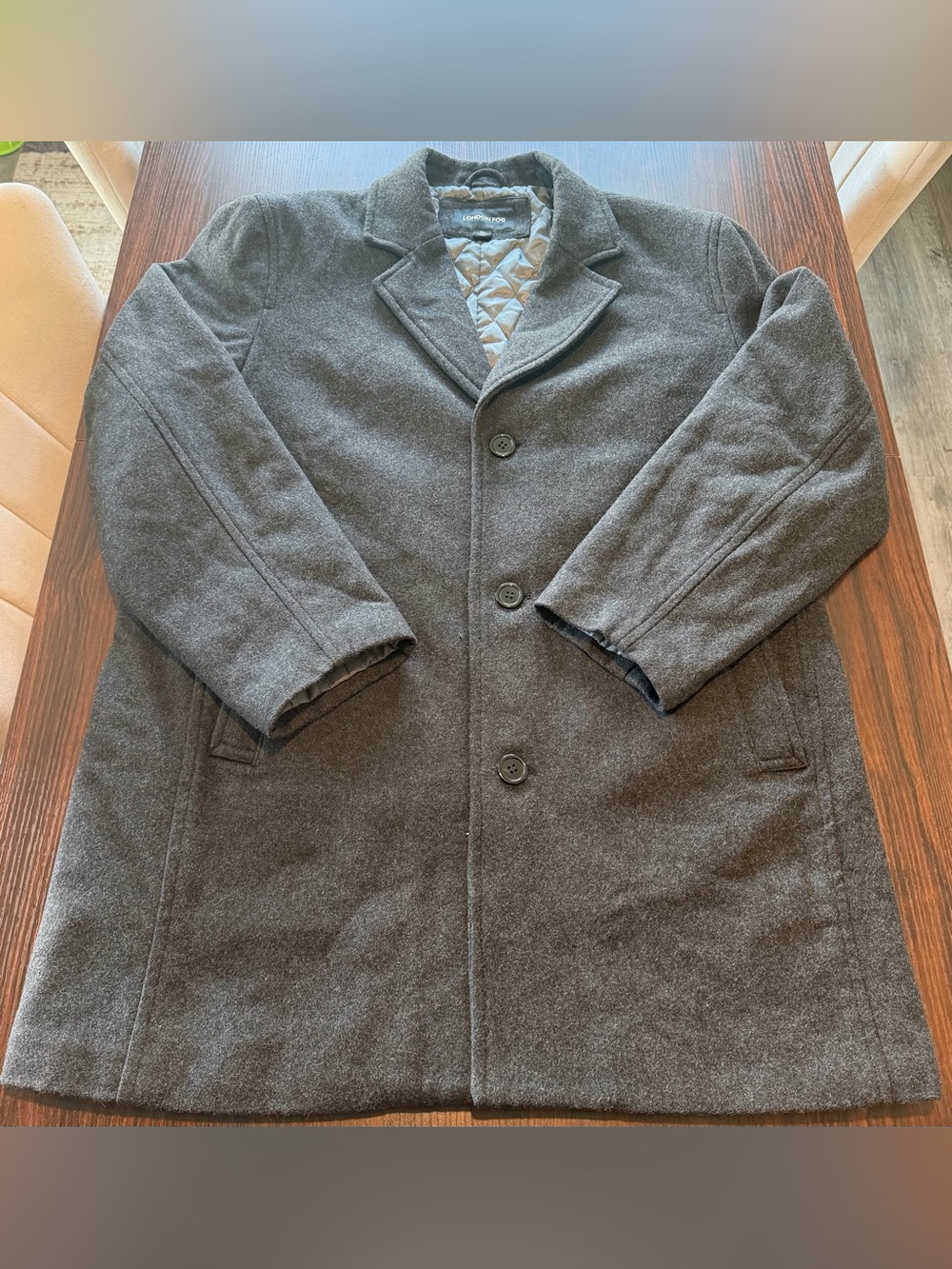 London Fog Mens Charcoal Grey Wool Blend Coat Jacket Pockets Quilted Lining XL